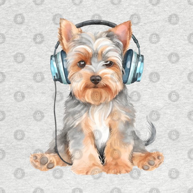 Watercolor Yorkshire Terrier Dog with Headphones by Chromatic Fusion Studio